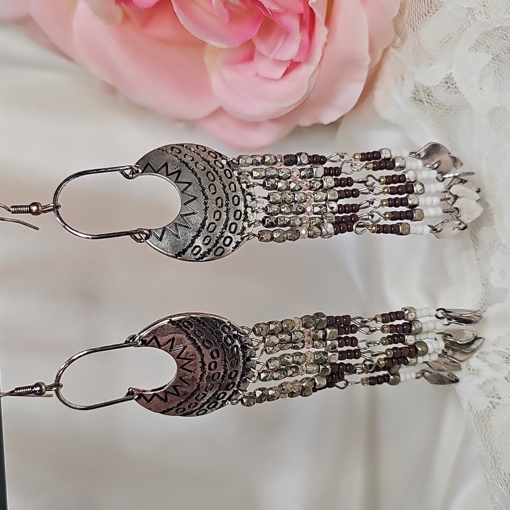 Silver and Brown Beaded Earrings From The Boot Barn